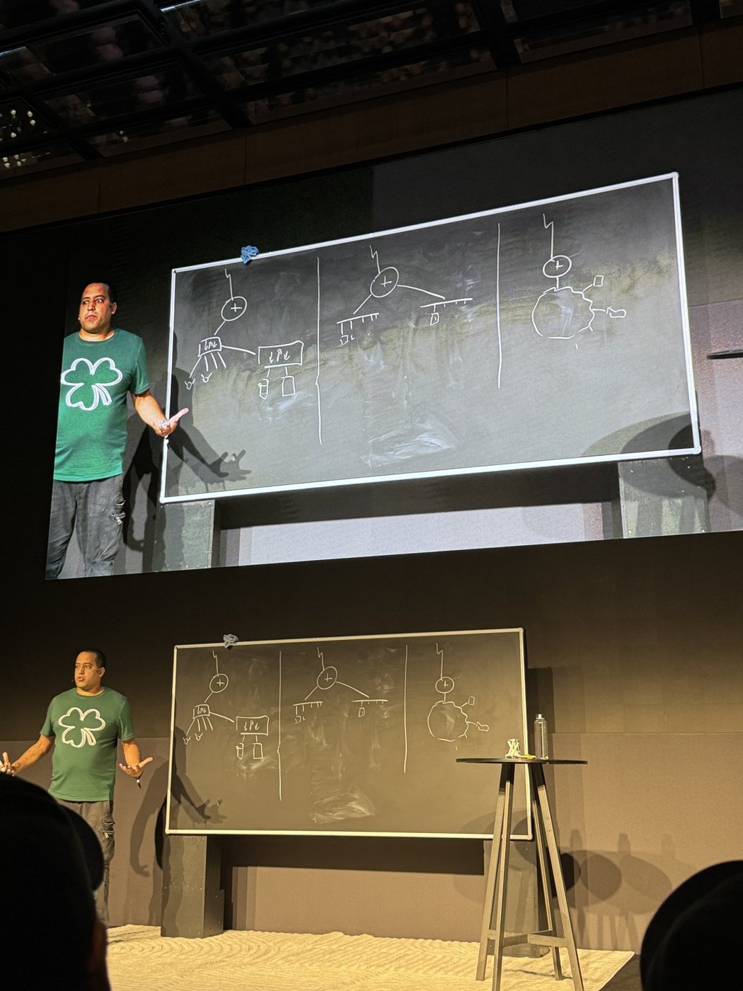 Murali Suriar drawing network diagrams on the Compile London chalkboard
